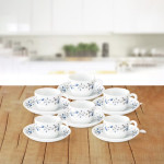 White & Blue Printed Opalware Glossy Cups and Saucers Set of Cups and Mugs