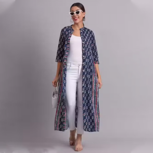 Women"s Blue Printed Cotton Casual wear Jacket & Kurtis