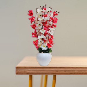 White & Red Cherry Blossom Artificial Flowers With Pot