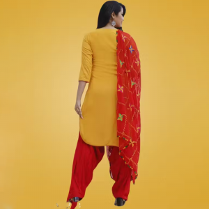 Women Round Cut Kurti With Emboridered Work Full Plain Patiala With Chiffon Dupatta