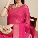 Pink & Gold-Toned Floral Zari Pure Chiffon Saree