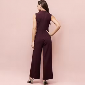 Women's Wine Collared Sleeveless Solid Asymmetric Neck Cut-Out Regular Length Jumpsuit