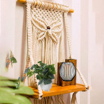 Off White Macrame Hanging Wall Shelf With Attached 3-Tier Floating Wooden Planks